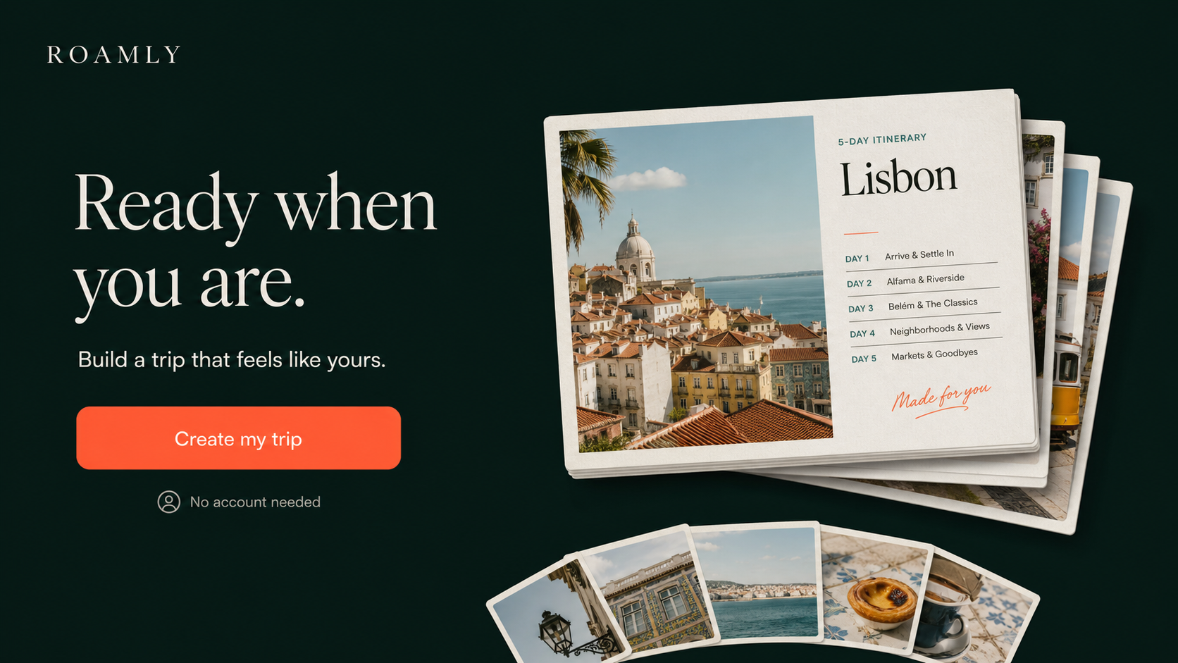 A finished Lisbon itinerary presented as a stack of travel postcards